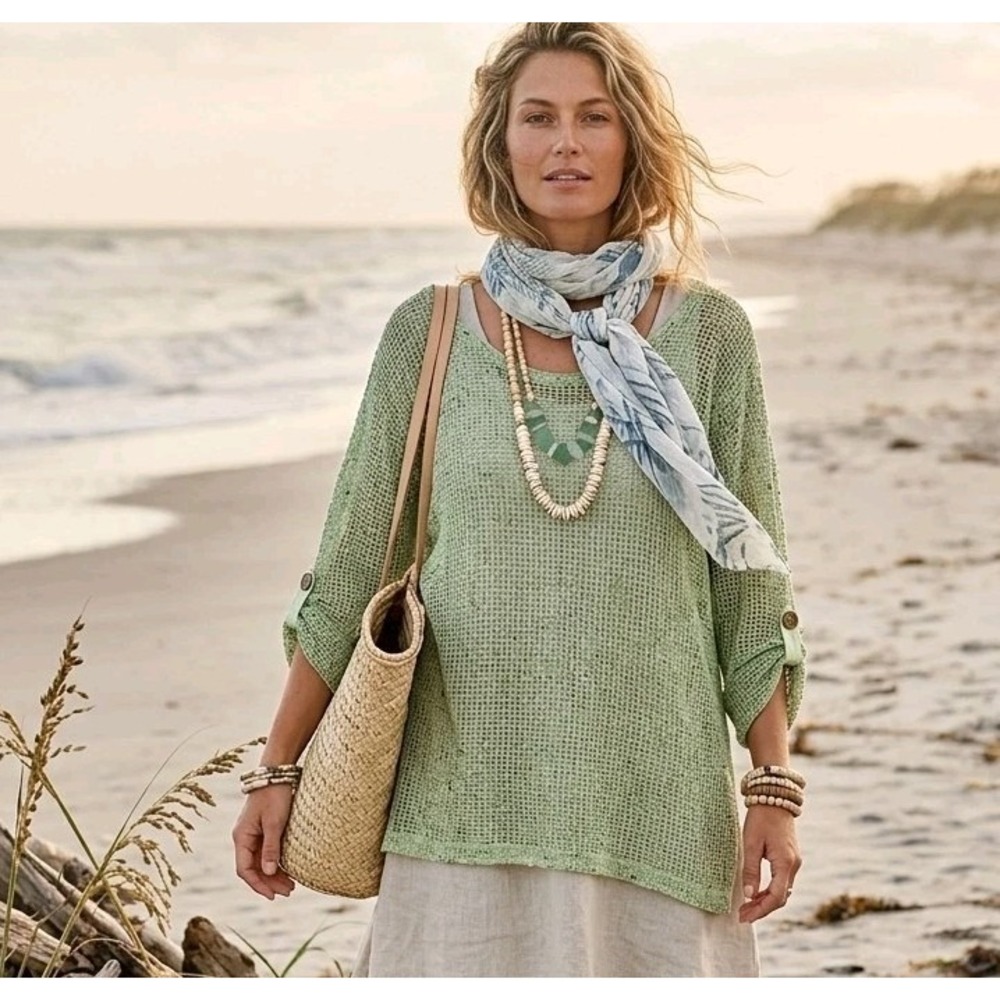 Vintage Karen Hart Top M? Green Fishnet Mesh 3/4 Sleeve Lagenlook Look Pullover